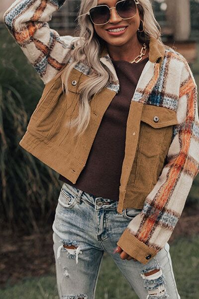 Plaid Corduroy Flap Pockets Button Up Jacket Trendy Outerwear With Classic Flap Pockets For Casual Comfort by Stevvex