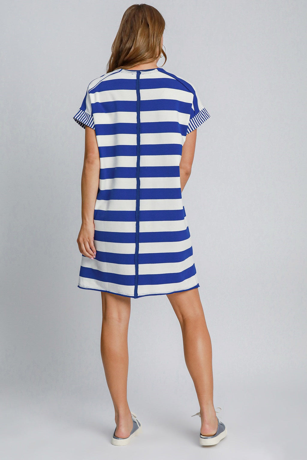 Peace Applique Striped Short Sleeve Mini Dress – Fun Peace Sign Detail, Striped Pattern, High-Low Design for a Trendy and Versatile Look
