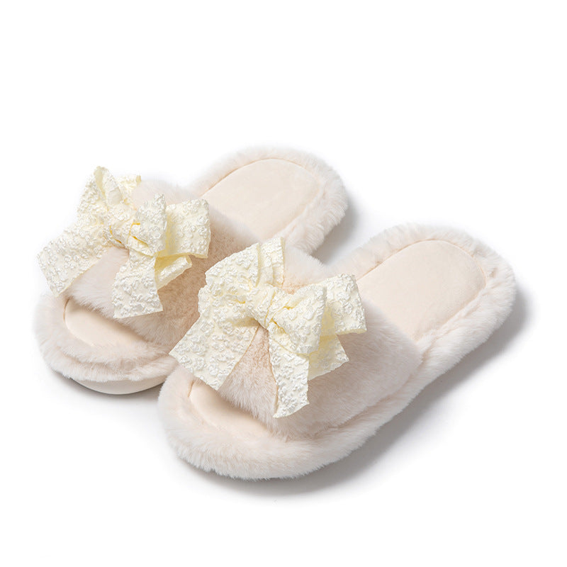 Cotton Slippers Women Autumn And Winter Home Plush Wind Bow Soft Bottom Indoor Outdoor Wear Slippers Fluffy Memory Foam Fur Furry Womens Slippers Cozy Warm Fur Bedroom Slippers