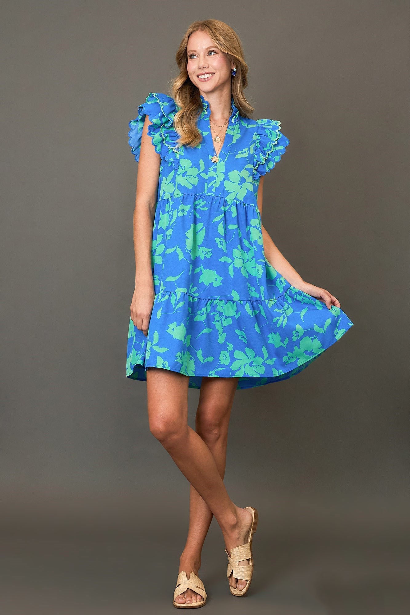 Blue Full Size Two-Tone Floral Print Ruffle Cap Sleeve Mini Dress Plus Size Elegant Dress by Stevvex
