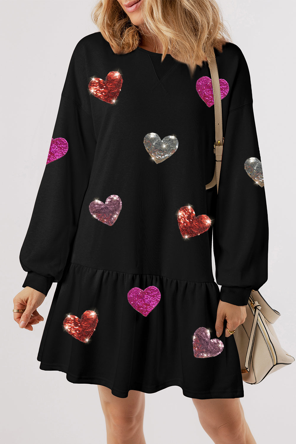Cute Heart Round Neck Long Sleeve Mini Dress Stylish Dress for Women Girls Simple Charming Dress by Stevvex