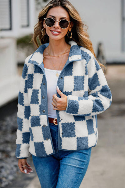Elegant Checkered Snap Down Long Sleeve Teddy Jacket Soft & Warm Colorful Jacket by Stevvex