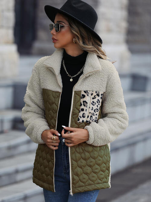 Unique Autumn Leopard Color Block Zip-Up Jacket Trendy Lightweight Jacket with Pockets Charming Winter Jacket by Stevvex