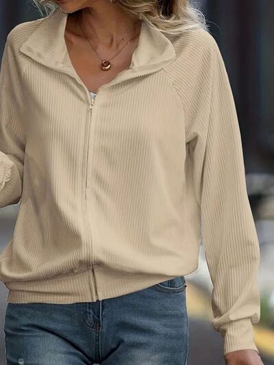 Simple White Zip Up Collared Neck Raglan Sleeve Jacket Comfortable Versatile Casual Women Wear by Stevvex