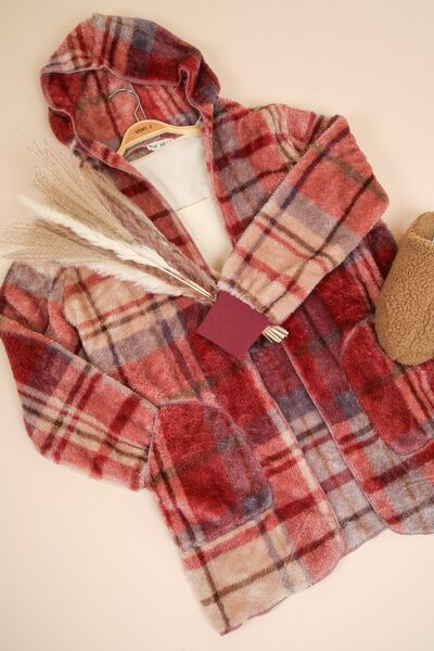 Colorful Fuzzy Plaid Long Sleeve Hooded Jacket Warm & Trendy Outerwear for Cold Days by Stevvex