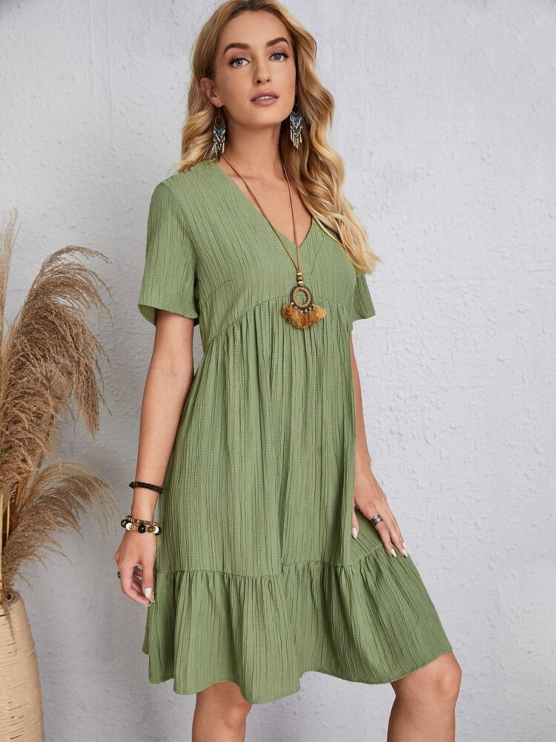 Classic Full Size V-Neck Short Sleeve Dress Casual & Comfortable Dress for Women by Stevvex