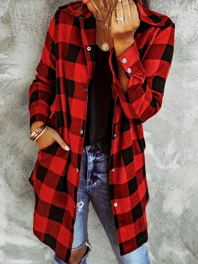 Deep Red Plaid Collared Neck Snap-Down Long Sleeve Jacket – Classic & Trendy Outerwear with Pockets by Stevvex
