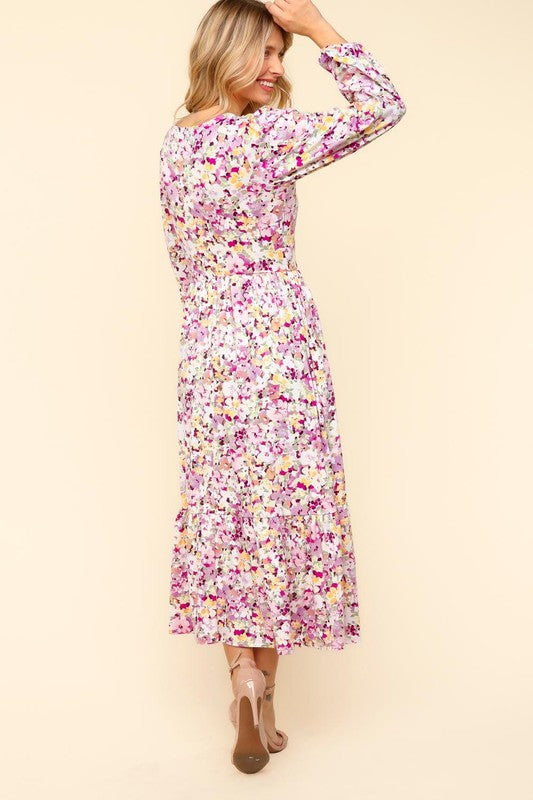 Lilac Full Size Floral V-Neck Long Sleeve Dress With Side Pockets Elegant & Practical Dress by Stevvex