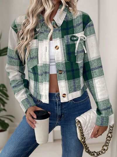 Dark Green Button-Up Jacket Trendy & Chic Outerwear with Bow & Pockets Cute Elegant Girls Jacket by Stevvex