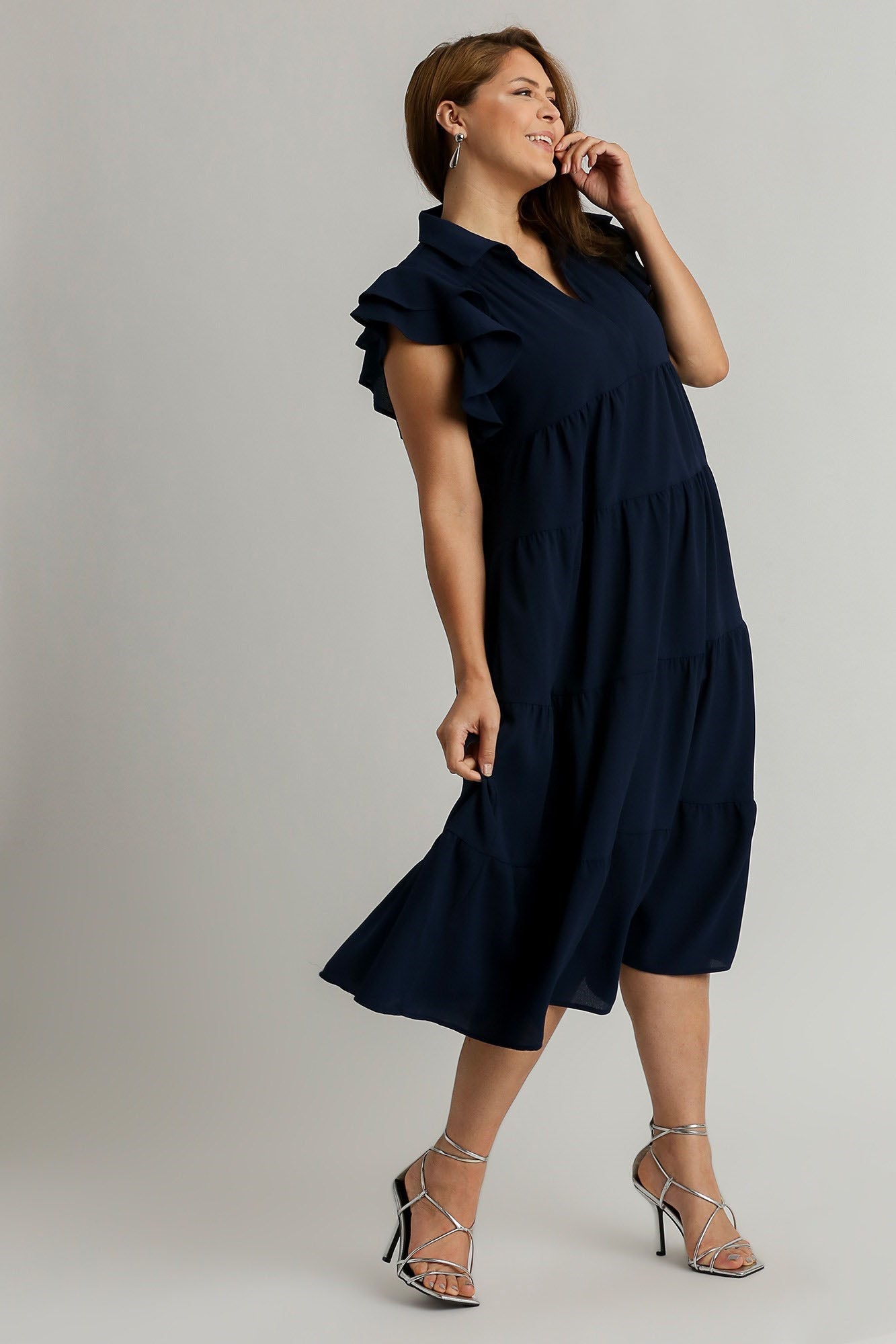 Dark Navy Full Size Ruffle Sleeve Dress Classic Feminine Plus Size Fashion Soft Dress by Stevvex