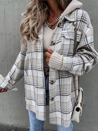 Vintage Retro Style Women Camel Plaid Button Up Jacket with Removable Hood Classic & Cozy Everyday Wear by Stevvex