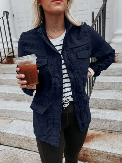 Retro Pocketed Long Sleeve Zip-Up Jacket Lightweight & Stylish Outerwear for Everyday Wear by Stevvex