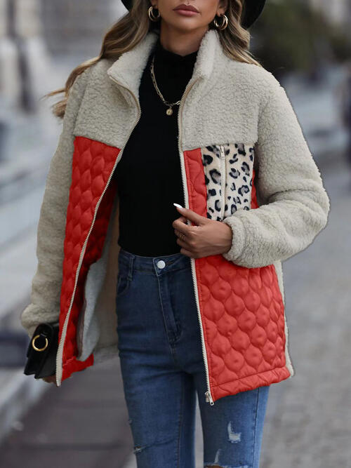 Unique Autumn Leopard Color Block Zip-Up Jacket Trendy Lightweight Jacket with Pockets Charming Winter Jacket by Stevvex