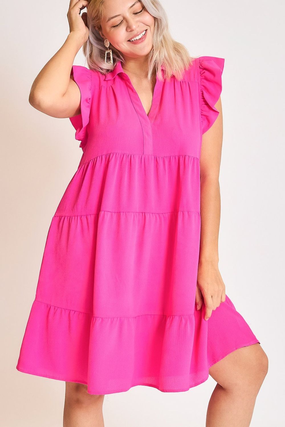 Pink Full Size Ruffle Cap Sleeve Dress Plus Size Elegant & Timeless Classic Design Dress by Stevvex