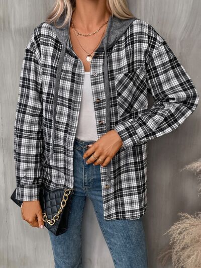 Plaid Buttoned Long Sleeve Hooded Jacket for Women – Cozy & Stylish Cotton-Blend Outerwear by Stevvex