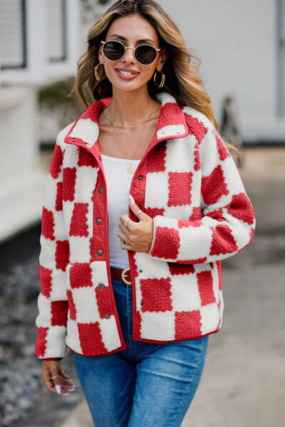 Elegant Checkered Snap Down Long Sleeve Teddy Jacket Soft & Warm Colorful Jacket by Stevvex