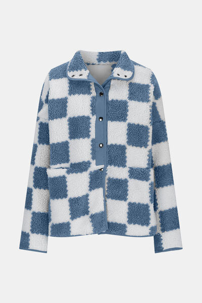 Elegant Checkered Snap Down Long Sleeve Teddy Jacket Soft & Warm Colorful Jacket by Stevvex