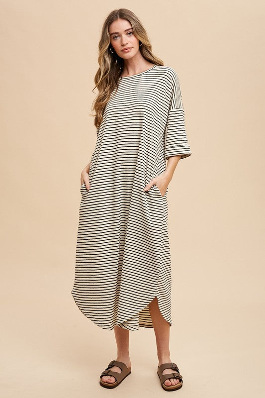 Striped Round Neck Midi Dress Soft & Stylish Classic Design Long Dress by Stevvex