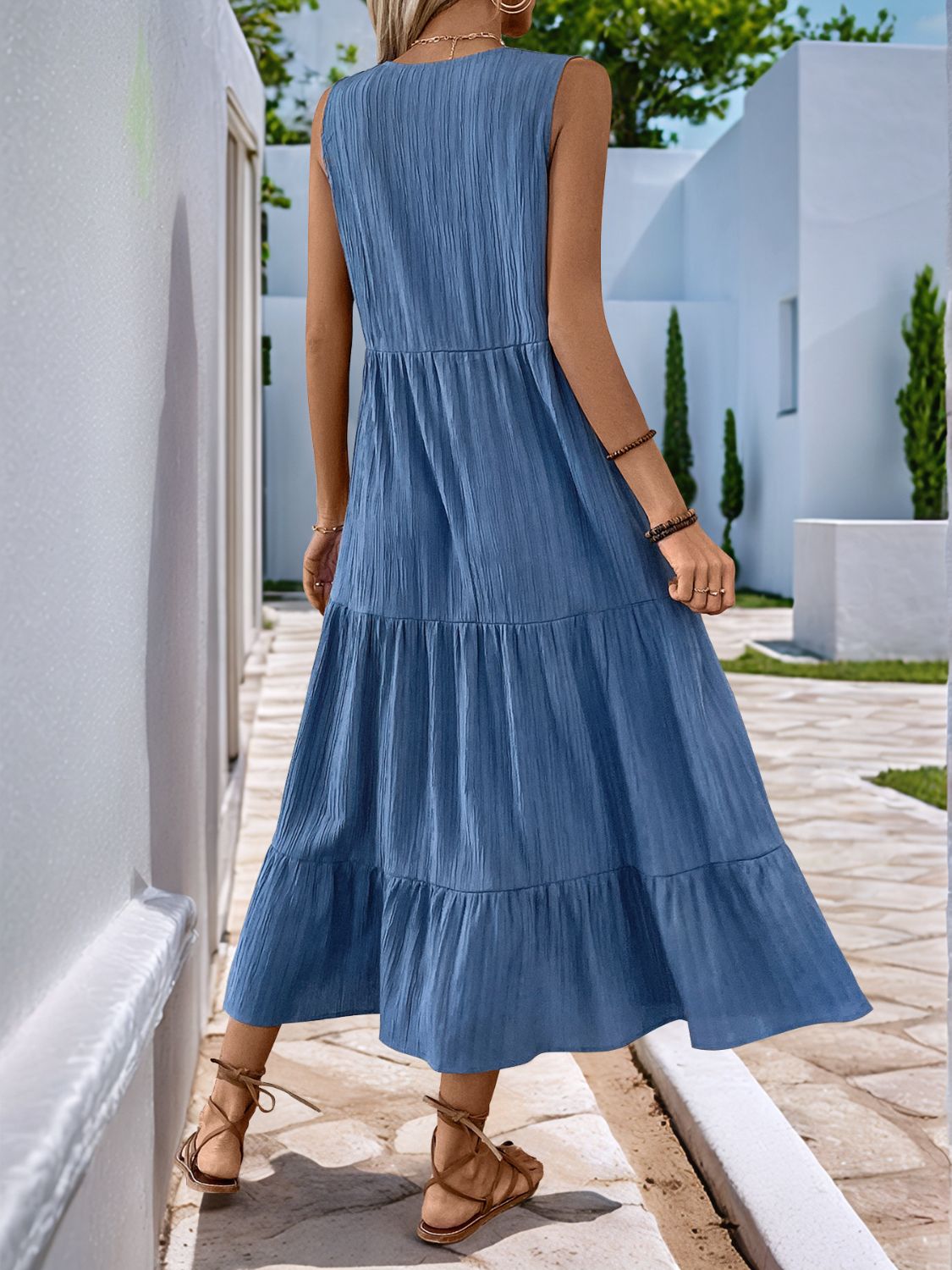 Decorative Dusty Blue Button Notched Sleeveless Dress Elegant & Feminine Style Long Dress For Women by Stevvex