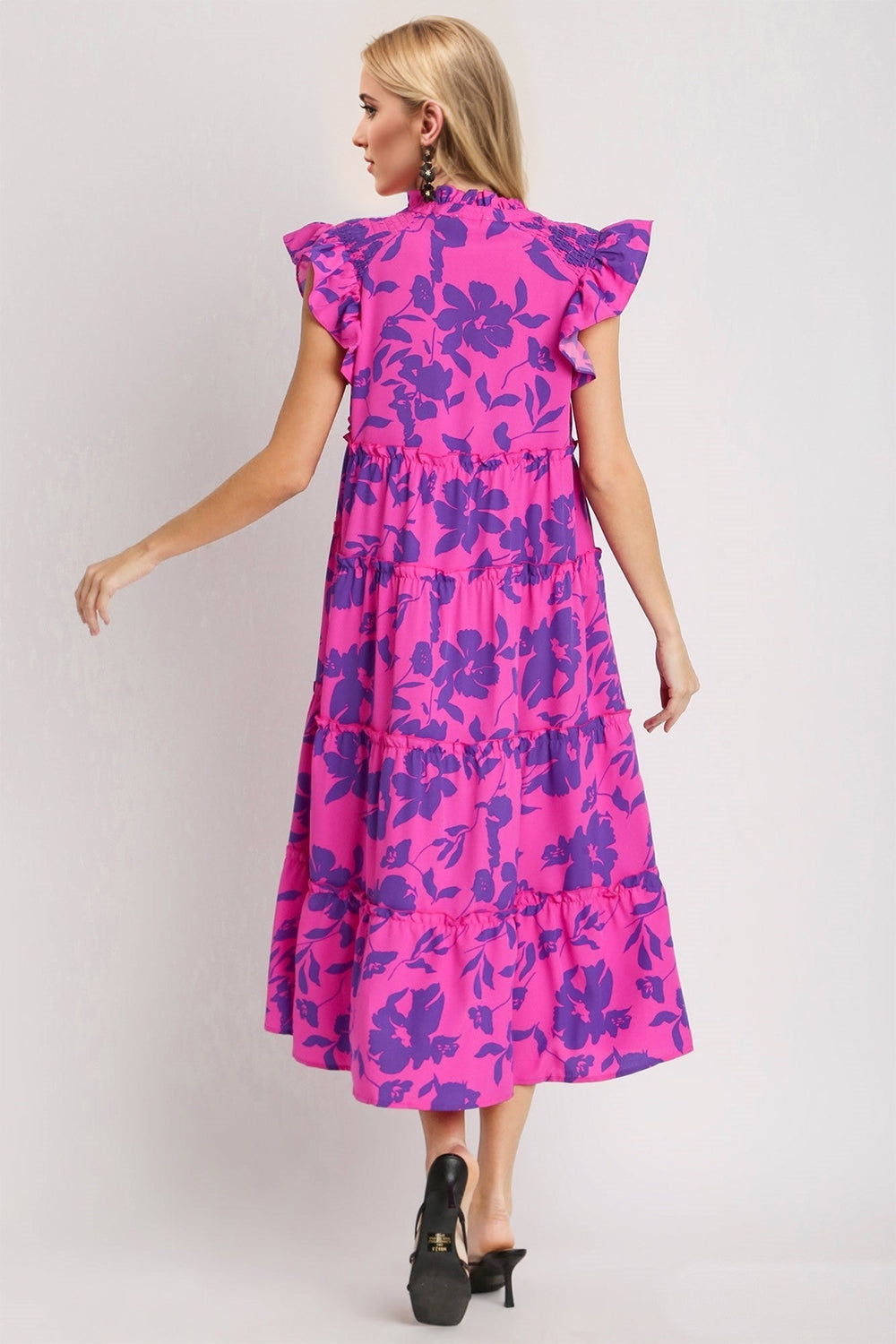 Full Size Ruffled Printed Sleeve Midi Dress Elegant & Beautiful Design Red-Violet Dress by Stevvex
