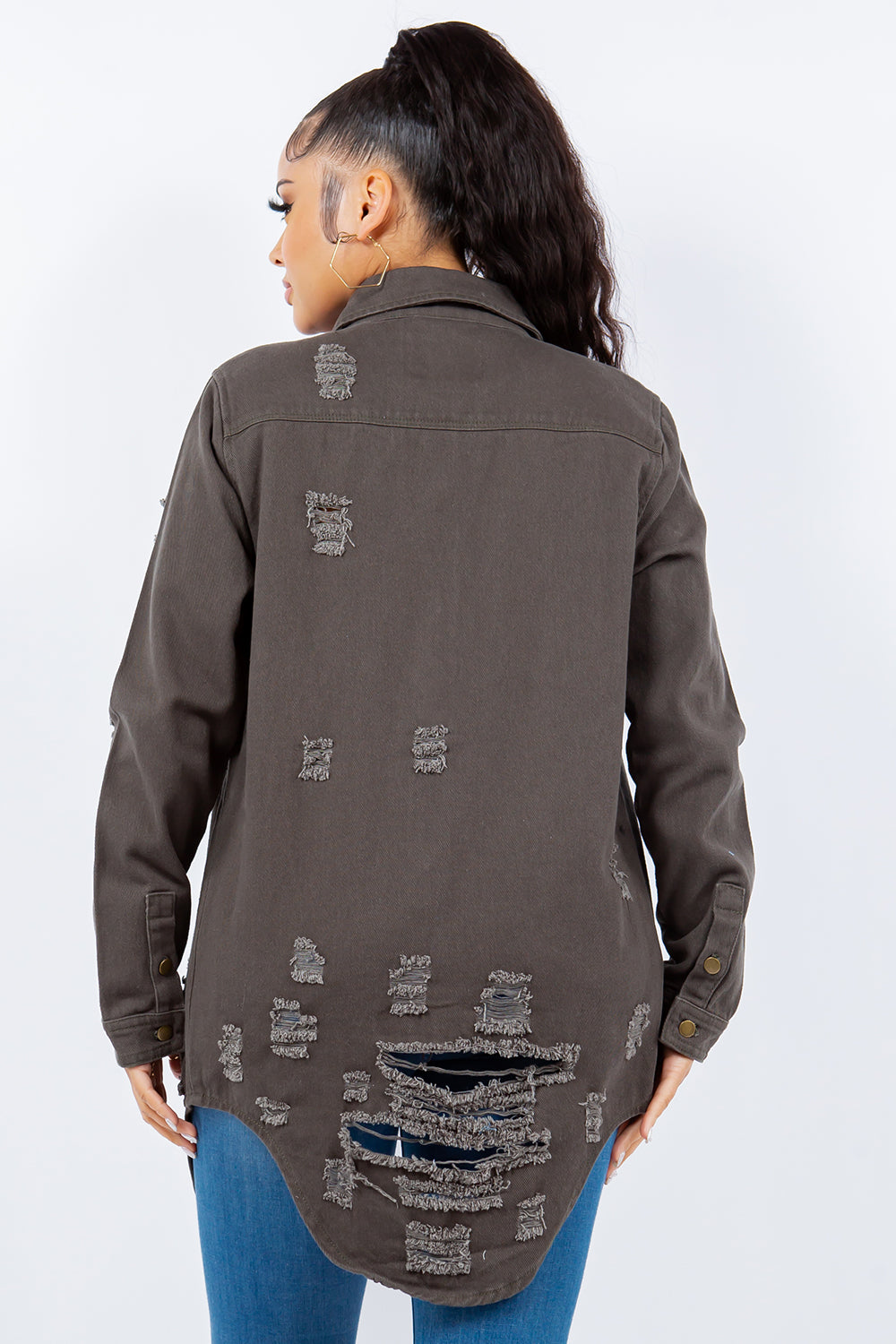 American Bazi Distressed Button Up Long Sleeve Jacket Trendy Buttoned Jacket with Distressed Finish for Women by Stevvex