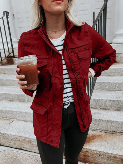 Retro Pocketed Long Sleeve Zip-Up Jacket Lightweight & Stylish Outerwear for Everyday Wear by Stevvex