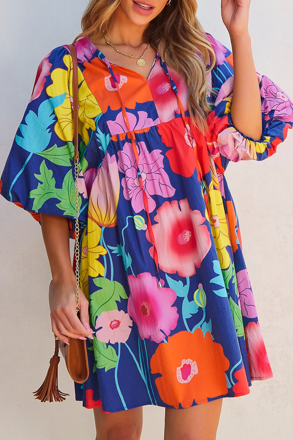 Modern Floral Print Tie Neck Dress Elegant & Timeless Colorful Dress by Stevvex