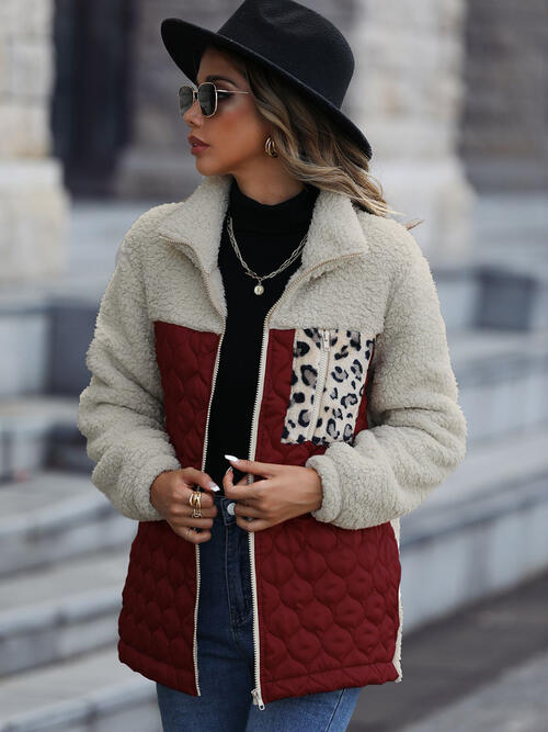 Unique Autumn Leopard Color Block Zip-Up Jacket Trendy Lightweight Jacket with Pockets Charming Winter Jacket by Stevvex