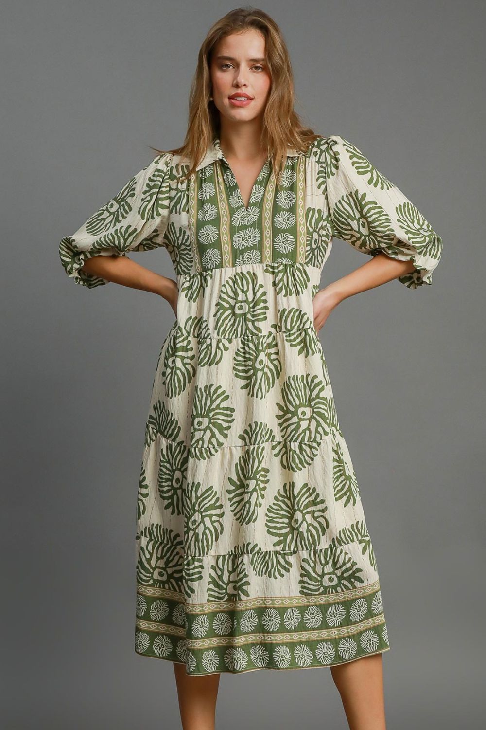 Matcha Green Full Size Print Midi Dress Plus Size Boho Chic Dress Lightweight Women Dress by Stevvex