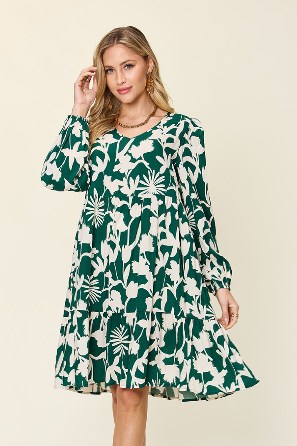 Double Take Full Size Printed Ruffle Hem Dress with Pocket Stylish & Functional Women Dress by Stevvex