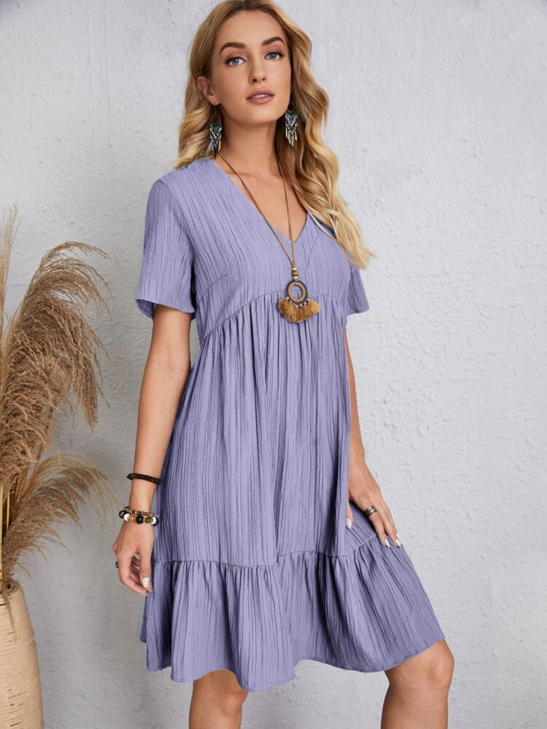 Classic Full Size V-Neck Short Sleeve Dress Casual & Comfortable Dress for Women by Stevvex