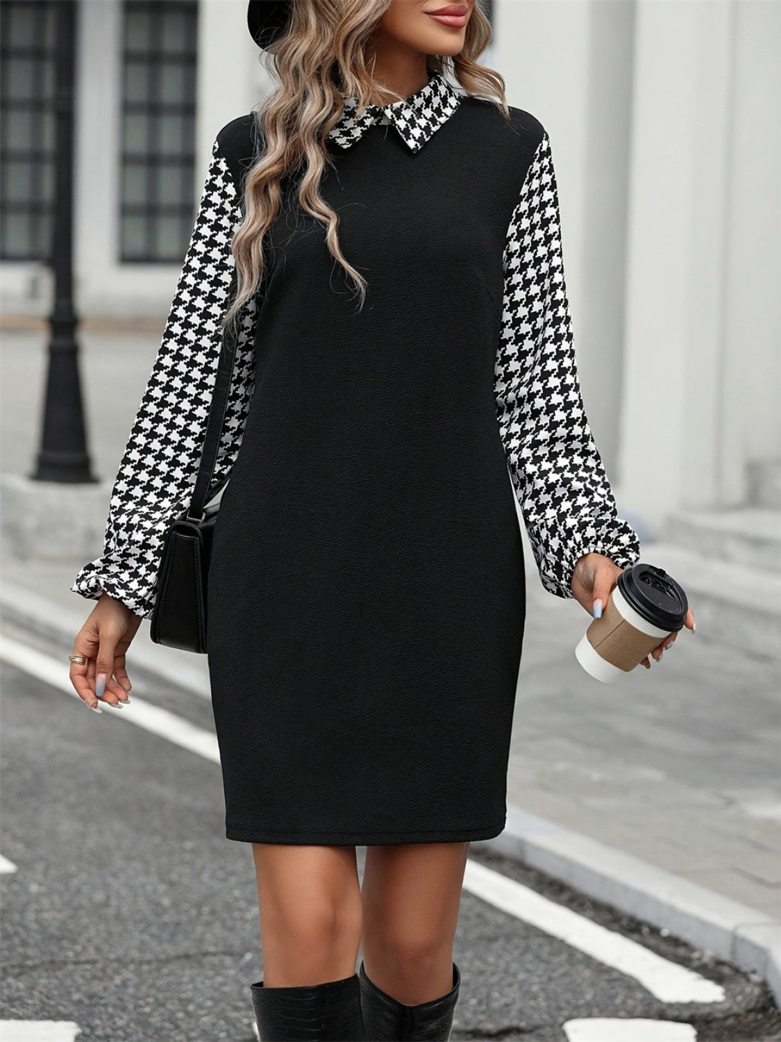 Timeless Black Collared Neck Long Sleeve Mini Dress Vintage Design Classic Women Dress by Stevvex