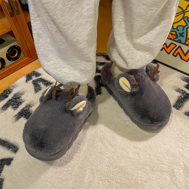White Slippers For Women Fuzzy Cute Antlers Warm Animal Memory Foam Plush Women Men Indoor Outdoor Bedroom Slippers Fur Home Slippers For Women Memory Foam Anti-Slip Cozy Fluffy Outdoor Indoor Warm Slippers