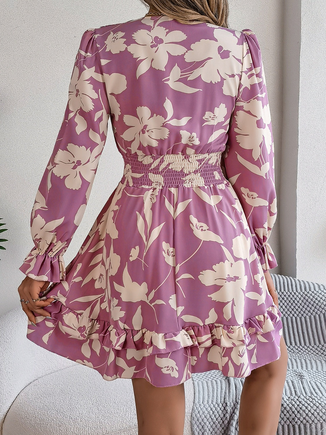 Feminine Lilac Ruffled Printed Long Sleeve Dress Summer Cute Midi Dress by Stevvex