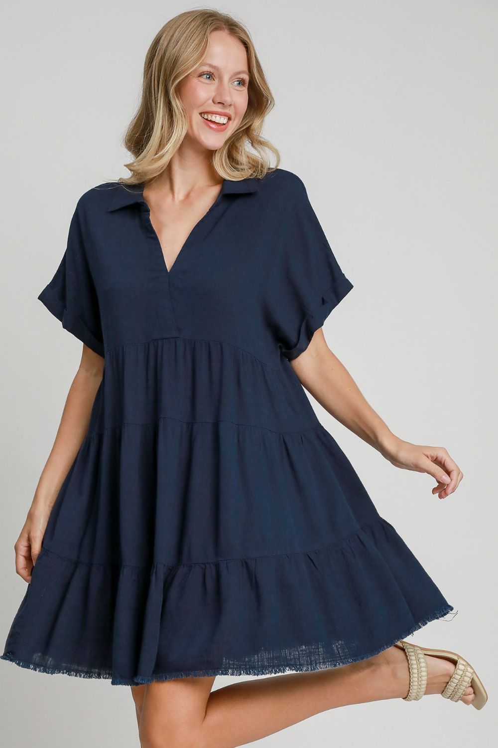 Women Dark Navy Full Size Raw Hem Folded Sleeve Dress Casual Plus Size Simple Dress by Stevvex