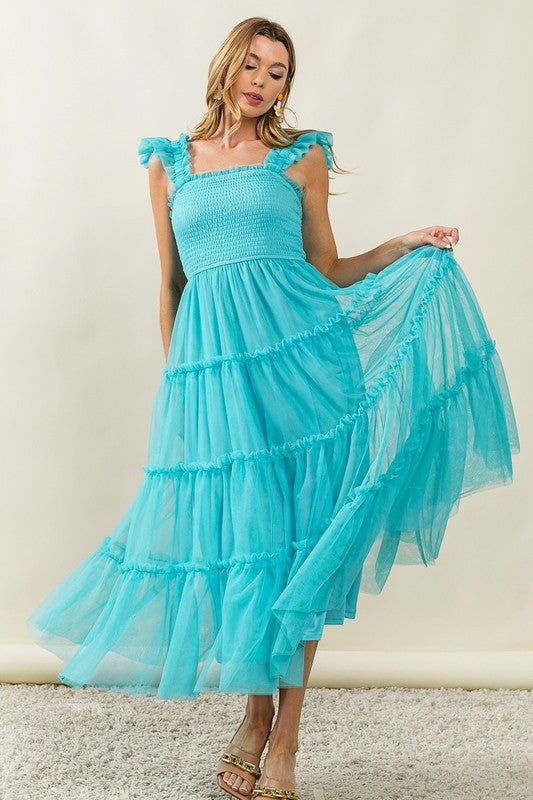 Frill Mesh Tiered Midi Dress For Women – Fluttering, Elegant, Romantic Frill Design with Mesh Details for a Feminine Silhouette by Stevvex