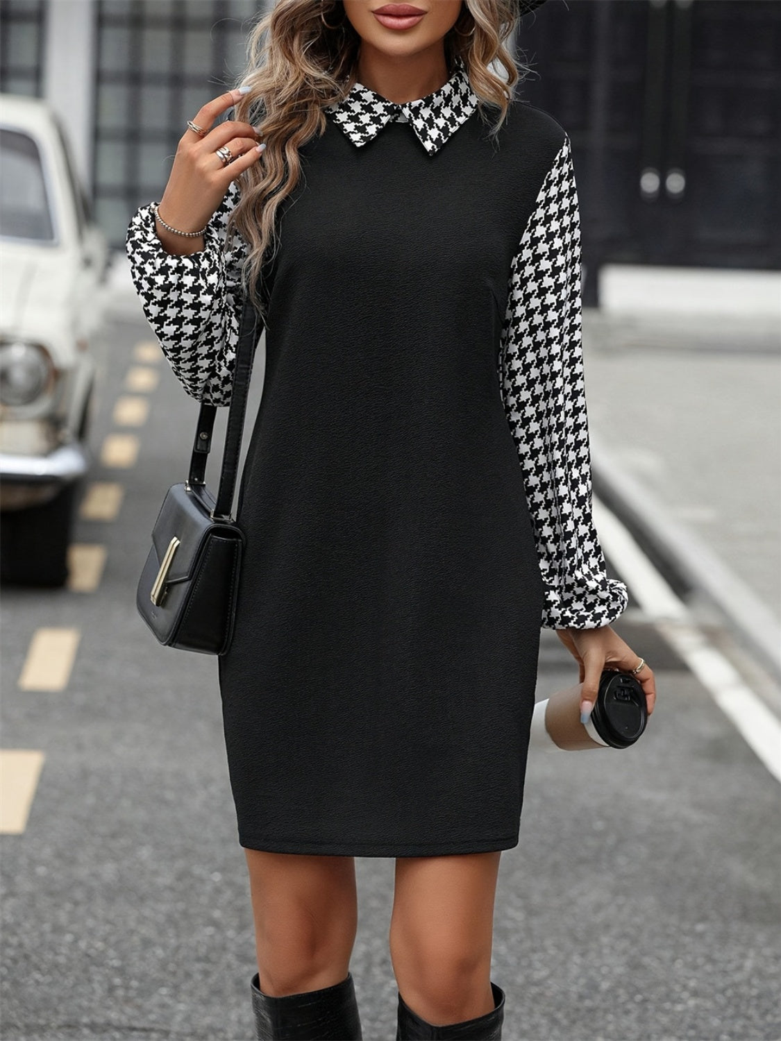 Timeless Black Collared Neck Long Sleeve Mini Dress Vintage Design Classic Women Dress by Stevvex