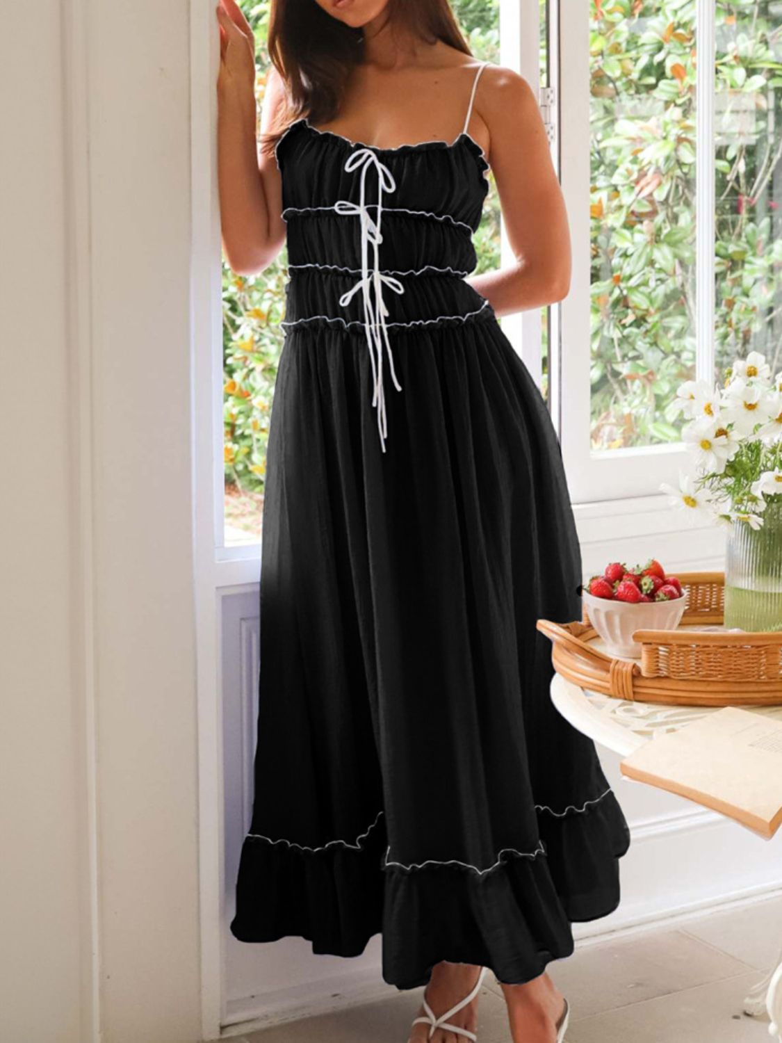 Vintage Ruffled Hem Midi Dress With Tied And Ruched Detail Elegant Feminine Girls Dress