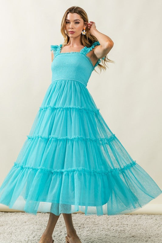 Frill Mesh Tiered Midi Dress For Women – Fluttering, Elegant, Romantic Frill Design with Mesh Details for a Feminine Silhouette by Stevvex