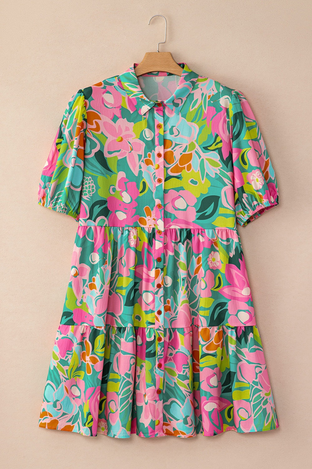 Floral Printed Collared Neck Puff Sleeve Mini Dress Vintage-Inspired Unique Colorful Dress by Stevvex
