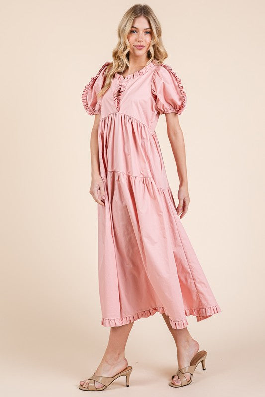 Ruffle Trim Puff Sleeve Tiered Babydoll Midi Dress – Fluttering, Sweet, Elegant, Feminine, and Trendy Babydoll Midi Dress with Ruffle Trim and Puff Sleeves by Stevvex