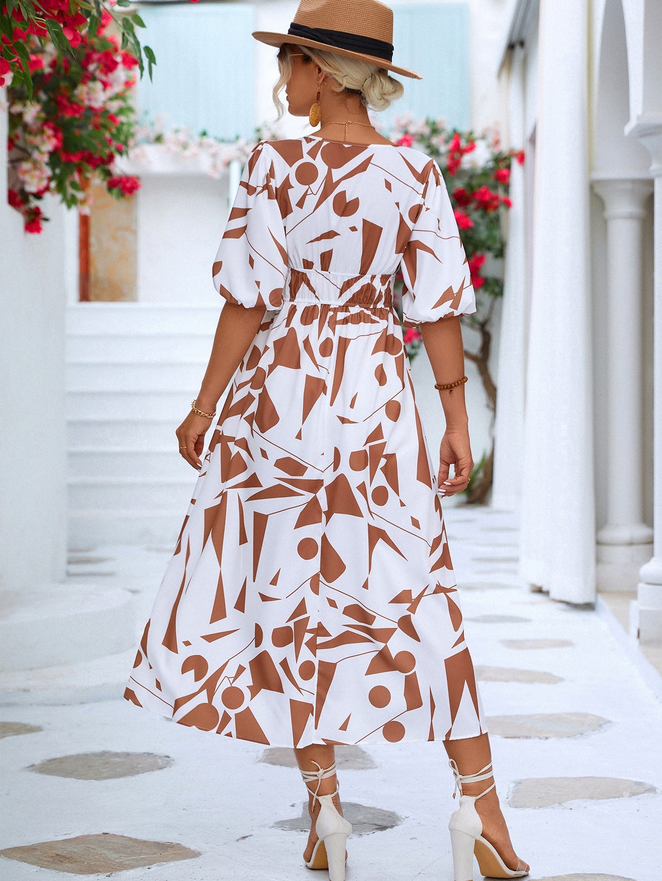Black White Printed Balloon Sleeve Dress Elegant & Chic Casual Wear For Summer by Stevvex