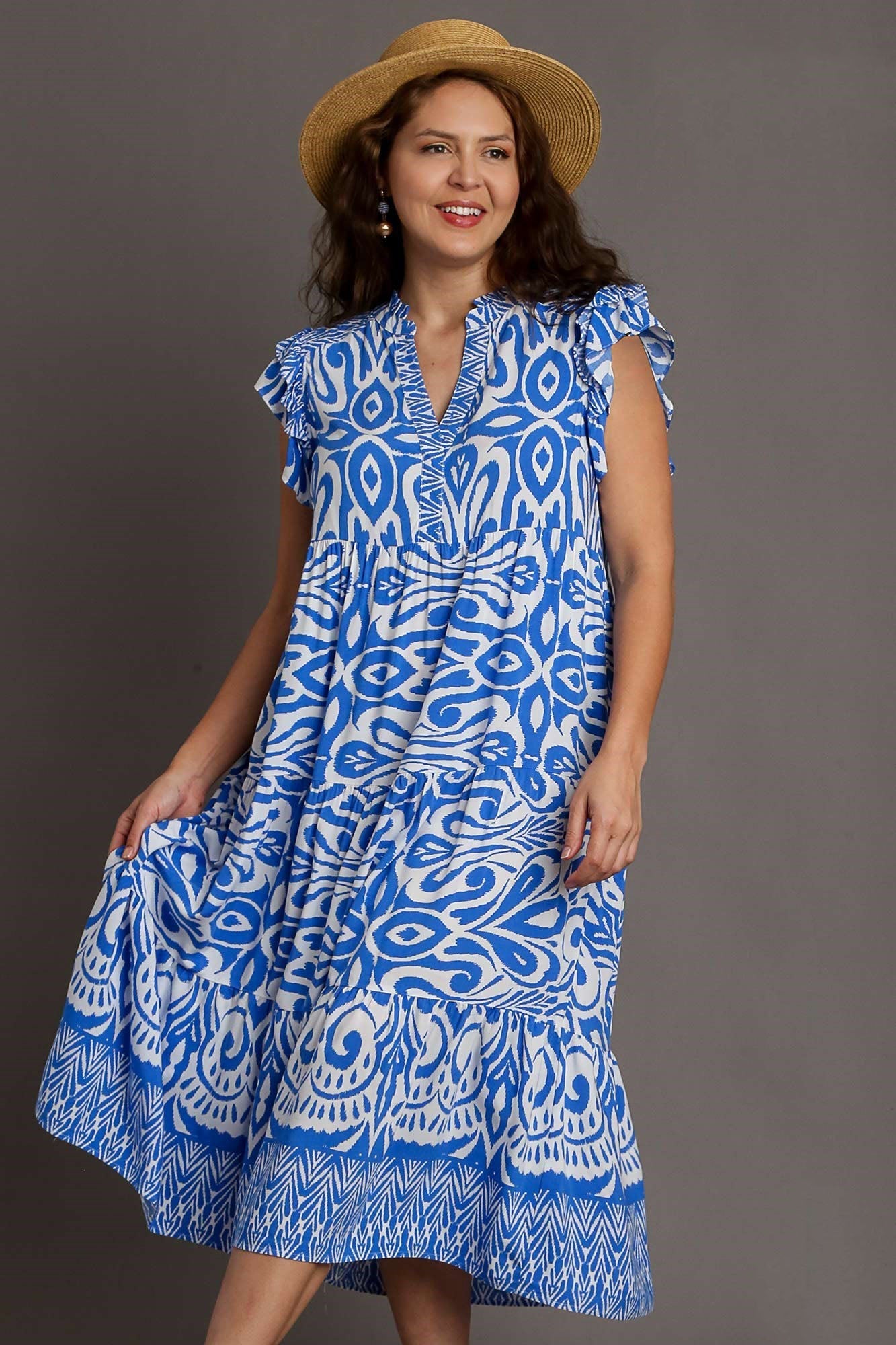 Blue Full Size Two-Tone Print Ruffle Cap Sleeve Midi Dress Plus Size Statement Piece Dress by Stevvex