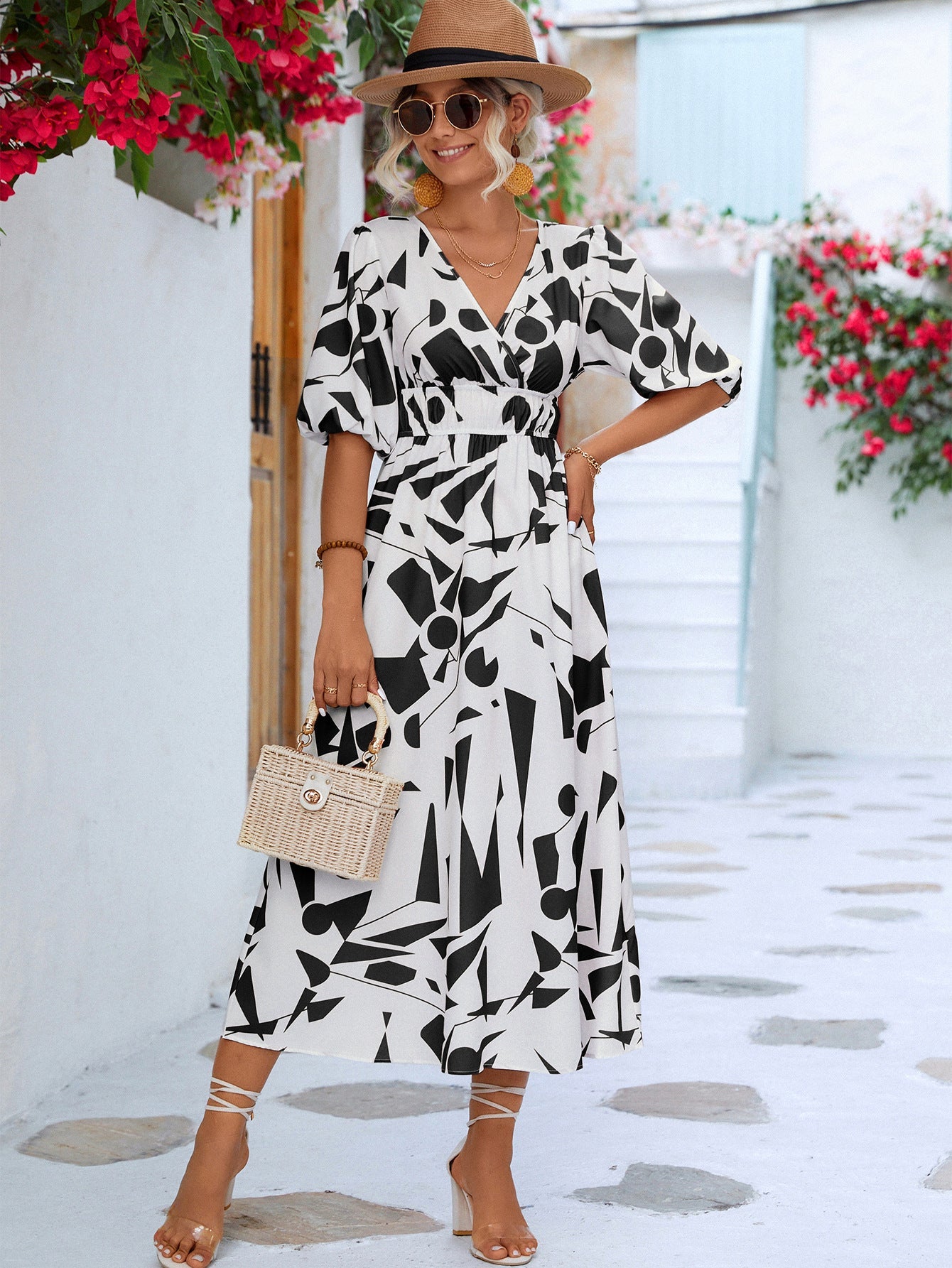 Black White Printed Balloon Sleeve Dress Elegant & Chic Casual Wear For Summer by Stevvex