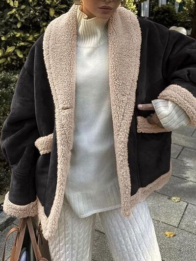 Fuzzy Collared Neck Long Sleeve Jacket with Buttoned Closure and Cozy Pockets by Stevvex