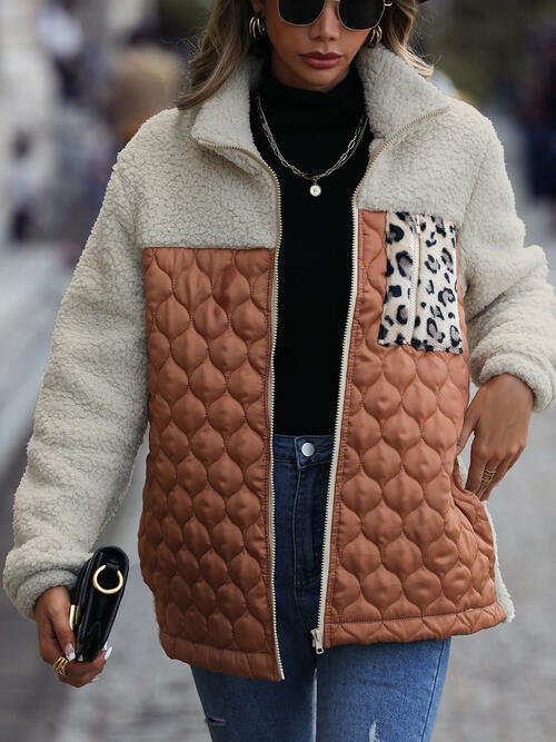 Unique Autumn Leopard Color Block Zip-Up Jacket Trendy Lightweight Jacket with Pockets Charming Winter Jacket by Stevvex