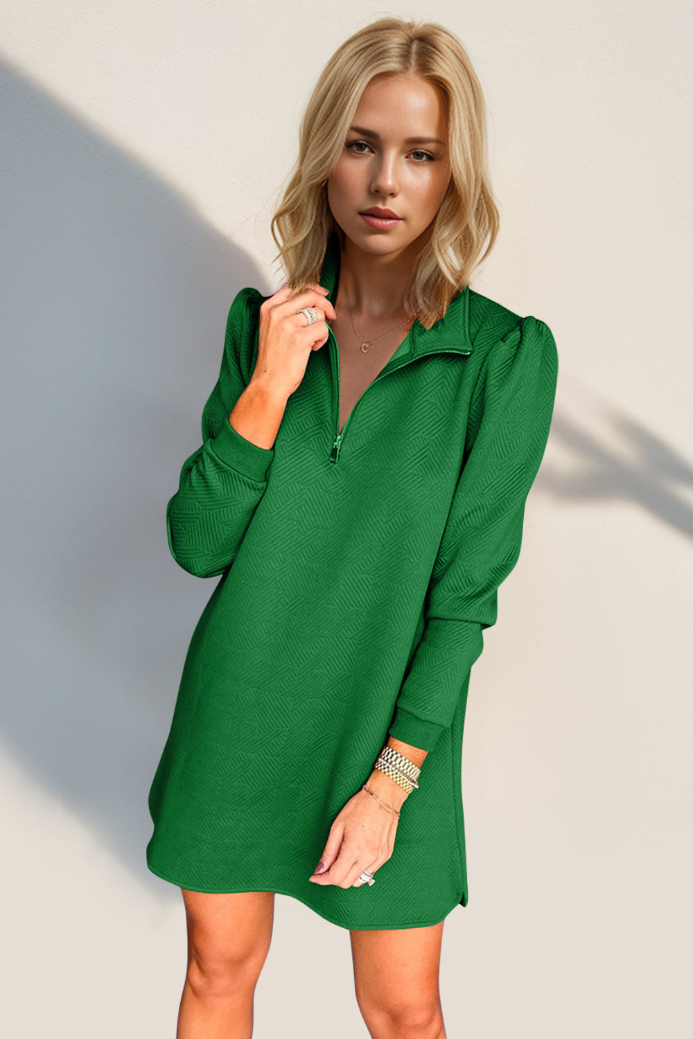 Double Take Textured Zip Long Sleeve Dress Classic Zip-Up Dress for Women Comfortable Outdoor Dress by Stevvex