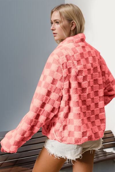 Double Take Checkered Long Sleeve Fuzzy Jacket Cozy & Trendy Outerwear For Women by Stevvex