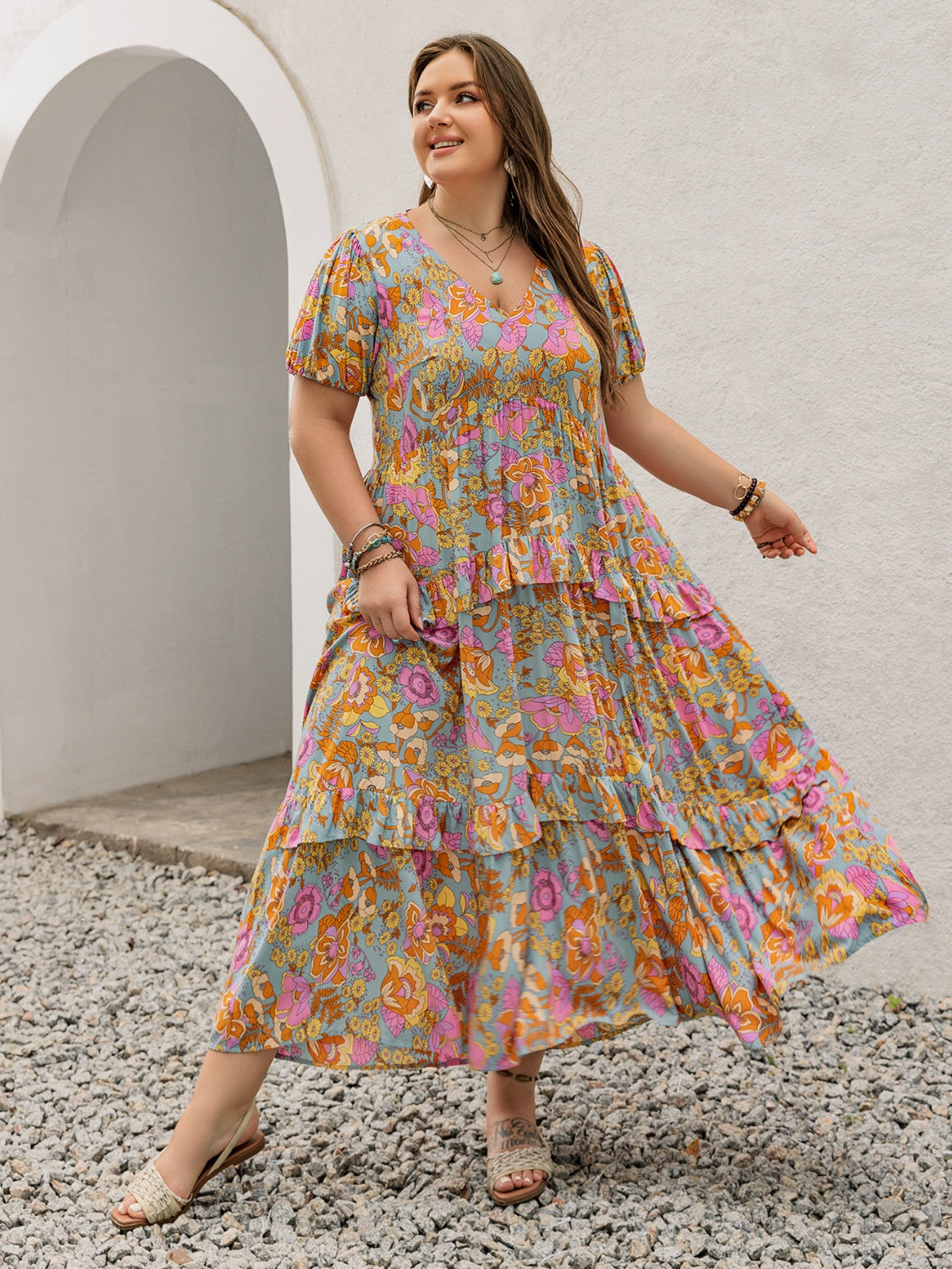 Plus Size Printed V-Neck Short Sleeve Maxi Dress Elegant & Flowy Summer Dress For Girls by Stevvex