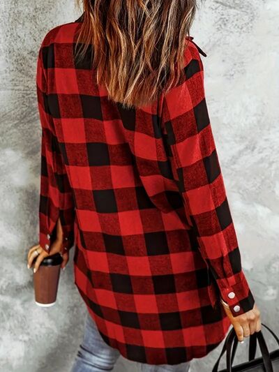 Deep Red Plaid Collared Neck Snap-Down Long Sleeve Jacket – Classic & Trendy Outerwear with Pockets by Stevvex